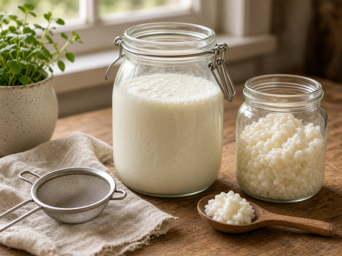 Homemade kefir and kefir grains in glass jars